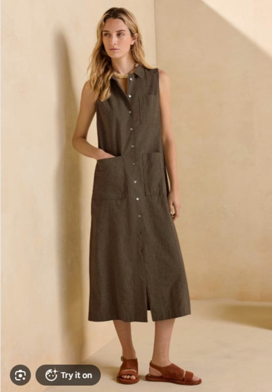 Poetry Sleeveless Shirt Dress Size US 12 Linen Cotton Classic Neutral Effortless